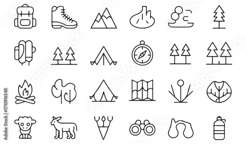 Outline illustration collection of travel and camping symbols including tent, boots, compass, campfire, backpack, forest, trees, hiking, and adventure icons