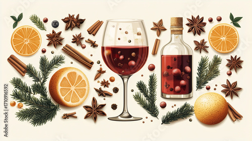 Delicious winter spices and fruits combined with a glass of mulled wine for a festive celebration