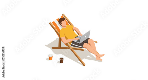 Relaxed remote work: man with laptop on beach chair in isometric style