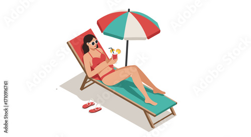 Woman relaxing on sun lounger with cocktail and parasol in minimalist isometr…