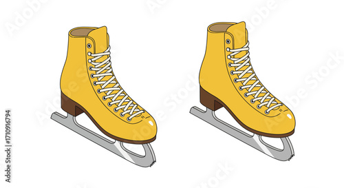 Pair of yellow ice skates with detailed laces on white background