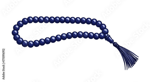 Dark blue prayer beads with tassel on a minimalist background