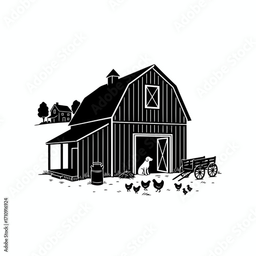 Vector art of a charming black and white barnyard scene, featuring a barn, dog, chickens, and a cart, evoking a sense of rural tranquility