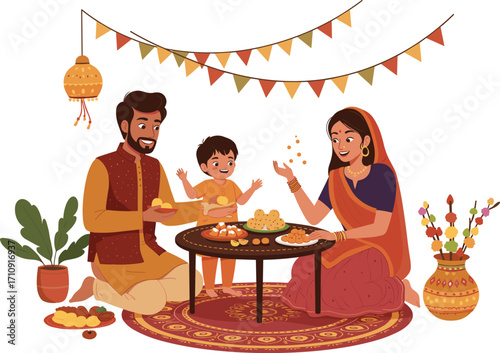 Indian, family, festival, Diwali, celebration, sweets, tradition, culture, bonding, saree, kurta, child, home, lantern, bunting, joy, togetherness, decoration, happiness, festive