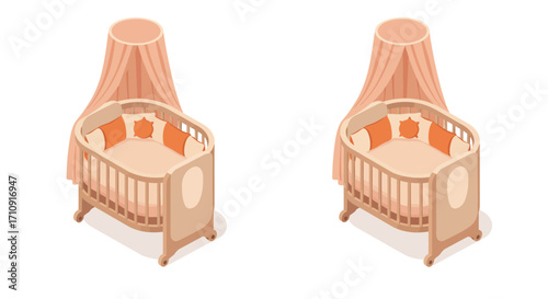 Cozy nursery cribs with canopies in soft tones on white background