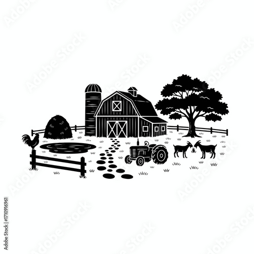 Vector art of a serene black and white farm scene, featuring a barn, tractor, goats, and a tree, capturing the essence of rural life