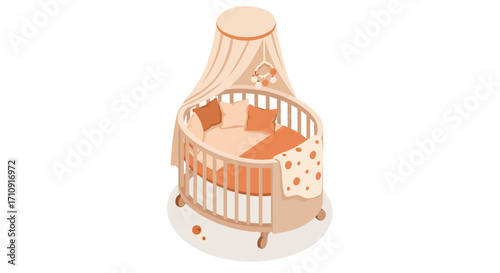 Cozy nursery round crib with canopy in warm neutral tones on white background