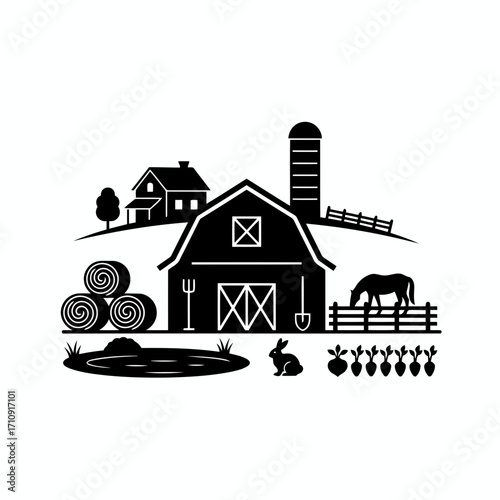 Vector art of farm scene with barn, house, pond, horse, rabbit, and vegetables a serene countryside illustration in black and white