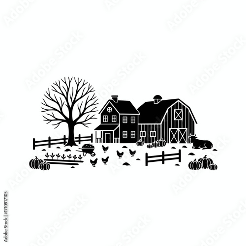 Vector art of farm scene with barn, house, tree, chicken, pumpkin, and cow a serene countryside illustration in black and white
