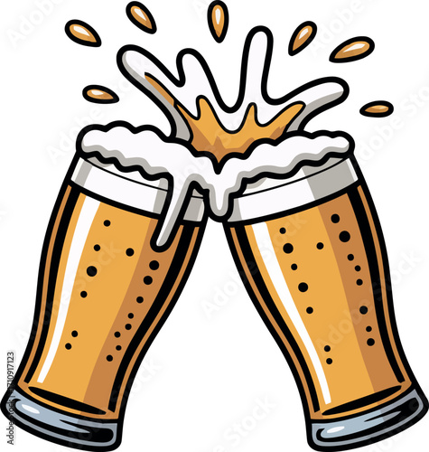 Two glasses of beer are shown in a dynamic toast, with a celebratory splash of foam and liquid. 