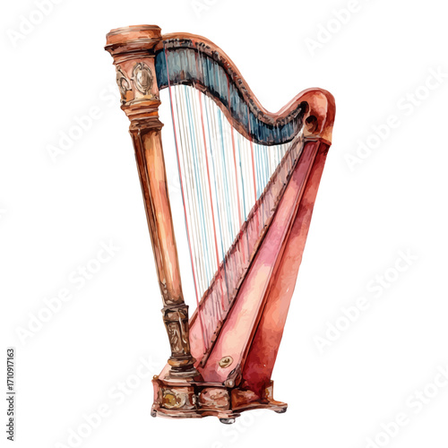 Harp, watercolor painting, vector illustration, isolated on a white background.