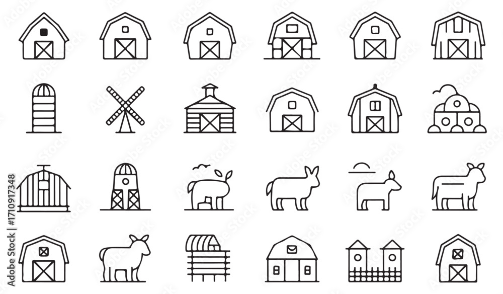 Fototapeta premium Minimal farm outline icon set with cow, farmer, silo, barn, field, crops, livestock, harvest, organic, and agriculture illustrations