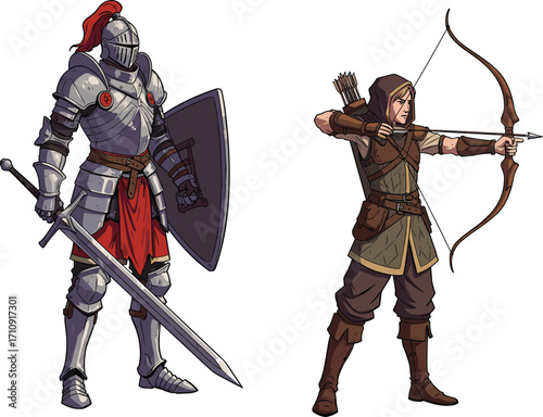 Medieval knight with sword and shield beside hooded archer aiming bow, fantasy warriors, battle stance, armor, precision, combat, adventure, strength