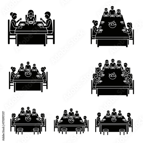 Vector art of silhouette of people eating at various table shapes a visual representation of dining scenarios