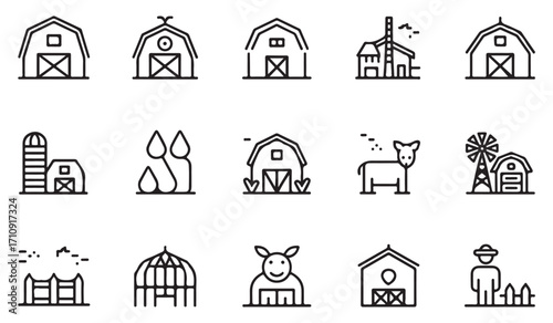 Outline illustration collection of farming symbols including barn, windmill, cow, silo, farmer, crops, ranch, pasture, and countryside icons
