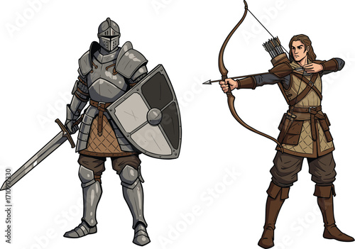 Medieval knight with sword and shield beside archer drawing bow, fantasy warriors, battle stance, armor, ranged combat, strength, precision, adventure