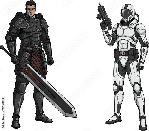 Medieval warrior and futuristic soldier standing side by side, fantasy versus sci-fi, battle ready characters, armor, weapons, contrast, epic