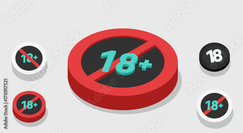 Prohibition signs with 18 plus symbols in 3d style for age restriction alerts