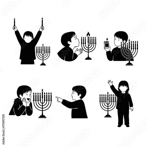 Vector art of collection of children celebrating hanukkah, lighting menorah candles, enjoying the festival of lights with family