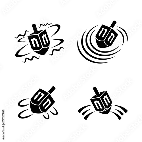 Vector art of set of dreidel icons spinning with hebrew letters, a traditional hanukkah toy and symbol of the holiday celebration