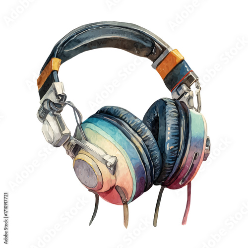 Watercolor vector illustration of Headphones, isolated on white background.