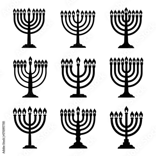 Vector art of nine menorah icons, each with lit candles, symbolizing hanukkah and jewish tradition in a simple and elegant design