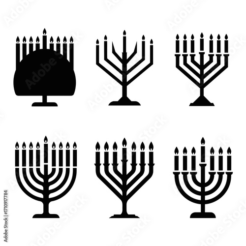 Vector art of collection of six black menorah icons on, symbolizing hanukkah, the jewish festival of lights, in various styles and shapes