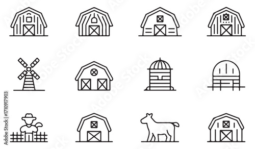 Minimal agriculture line icons set with barn, windmill, silo, farmer, cow, field, harvest, rural, livestock, and organic farm symbols