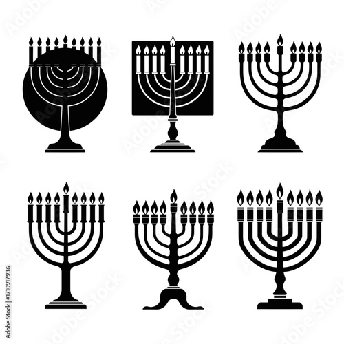 Vector art of collection of hanukkah menorah silhouettes, representing the jewish festival of lights and cultural heritage