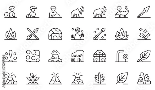 Outline set of ancient history symbols such as caveman, mammoth, volcano, spear, cave, bone, hut, ritual, primitive life, and prehistoric heritage illustrations