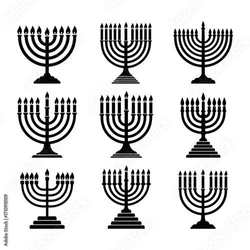 Vector art of collection of nine different menorah icons, each representing the jewish holiday of hanukkah with unique styles