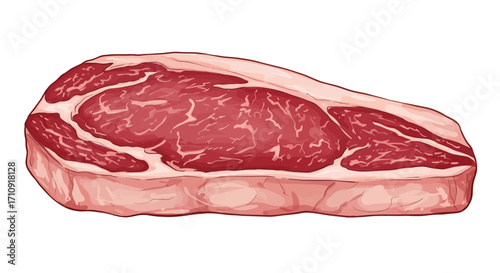 Realistic raw ribeye steak on white background in detailed art style