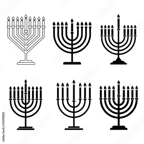 Vector art of collection of hanukkah menorah icons, representing the traditional candelabra used during the jewish festival of lights