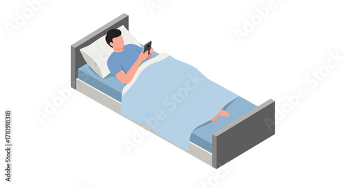 Man relaxing in bed with phone: isometric design of modern lifestyle