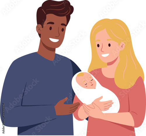 New parents holding newborn baby, family bonding moment, interracial couple, love and care, peaceful infant, parenting joy, emotional connection