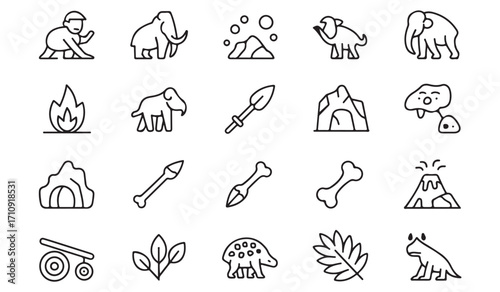 Vector outline collection of ancient culture icons including caveman, mammoth, stone tools, volcano, cave, fire, hunting, rituals, and primitive heritage illustrations
