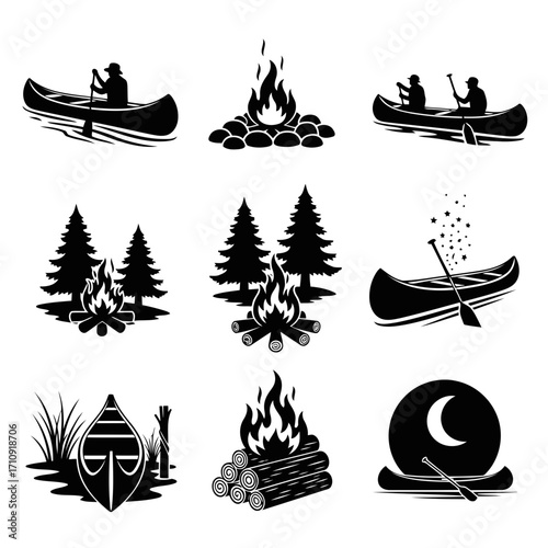 Vector art of camping icons featuring canoe, bonfire, paddle, and nature elements for outdoor adventure and recreational designs