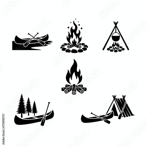 Vector art of collection of camping icons featuring canoes, campfires, and tents, , perfect for outdoor adventure themes and designs