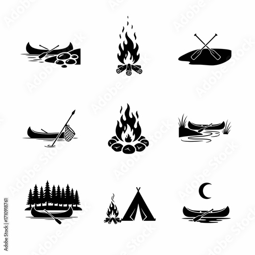 Vector art of collection of camping icons featuring canoes, campfires, tents, and nature elements, , perfect for outdoor adventure designs