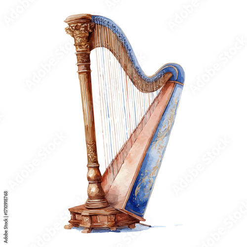 Watercolor vector illustration of Harp, isolated on white background.