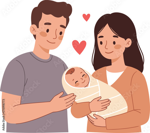 New parents holding smiling newborn baby, family bonding moment, love and care, emotional connection, heart symbols, peaceful infant, warm illustration