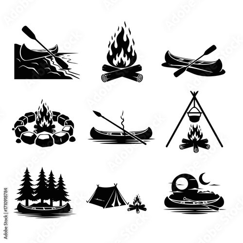 Vector art of set of camping icons featuring canoes, campfires, and tents, , ideal for outdoor and adventurethemed designs