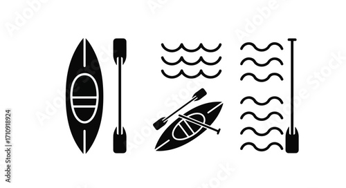 Kayak and paddle vector icons – canoe boat, water waves, rowing symbols, outdoor adventure, river sports, and kayaking equipment design