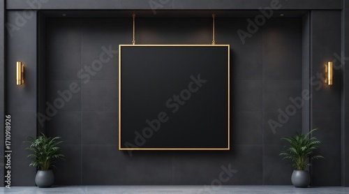 Elegant black square frame with gold trim hanging on a dark tiled wall, flanked by sconces and potted plants, creating a sophisticated interior