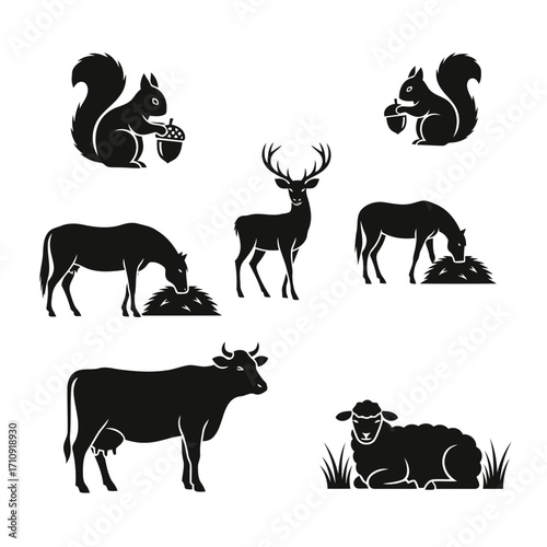 Vector art of silhouette of wild and farm animals deer, squirrel, cow, horse, sheep, grass and hay