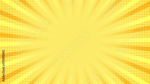 Retro vintage rays comic book pop art background. Vibrant yellow sunburst animation with halftone dots, perfect for retro videos or design projects.