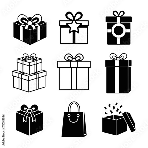 Vector art of collection of gift boxes and shopping bag icons, representing presents, celebrations, and retail shopping