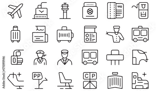 Vector outline icons of travel and airport including airplane, baggage, passport, security check, boarding gate, taxi, escalator, parking, and passenger symbols