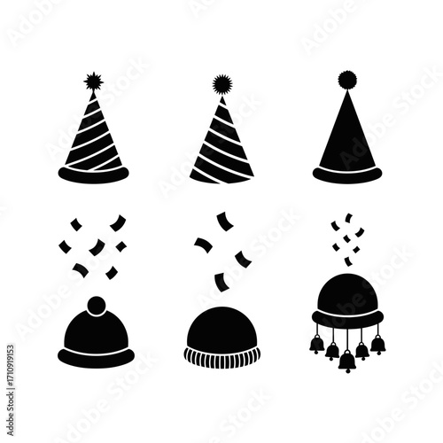 Vector art of collection of party hats and winter hats with confetti, a set of festive and seasonal headwear