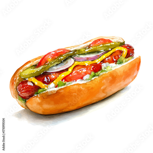 A watercolor painting of Hot Dog, vector illustration on white background.